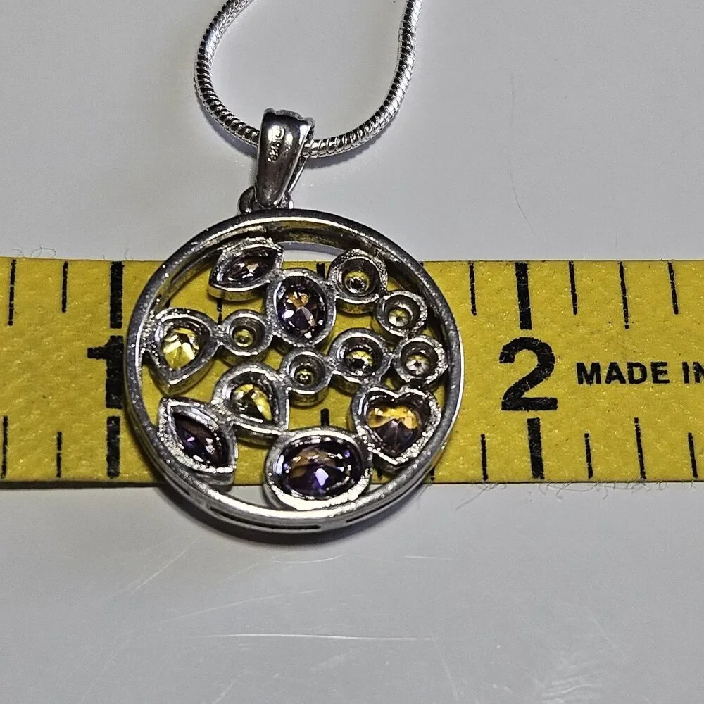 Sterling Silver Multicolored Rhinestone Round Pendant Necklace 20